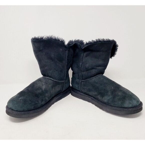 UGG Bailey Button Bling Boots Womens 7 Black Suede Sheepskin Lined Shoes WORN - Picture 5 of 13